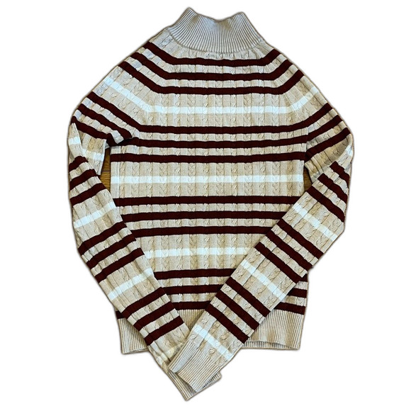 Hooked Up Striped Mock Neck Cable Knit Sweater Tan Burgundy Size Small - Picture 1 of 8